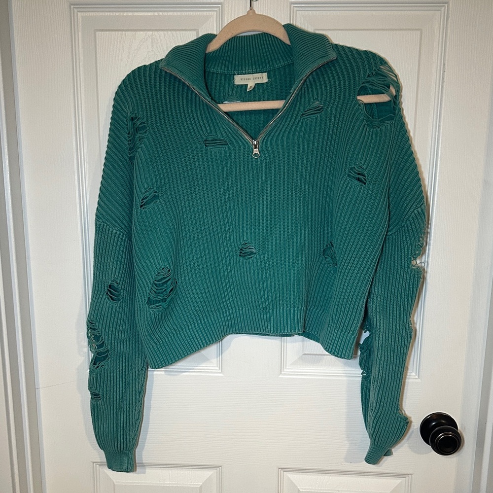 Gilded Intent Teal Distressed Turtleneck Sweater